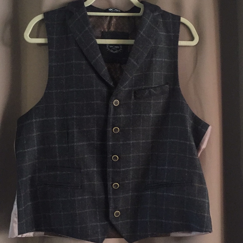 Dark brown plaid vest with adjustable sides
